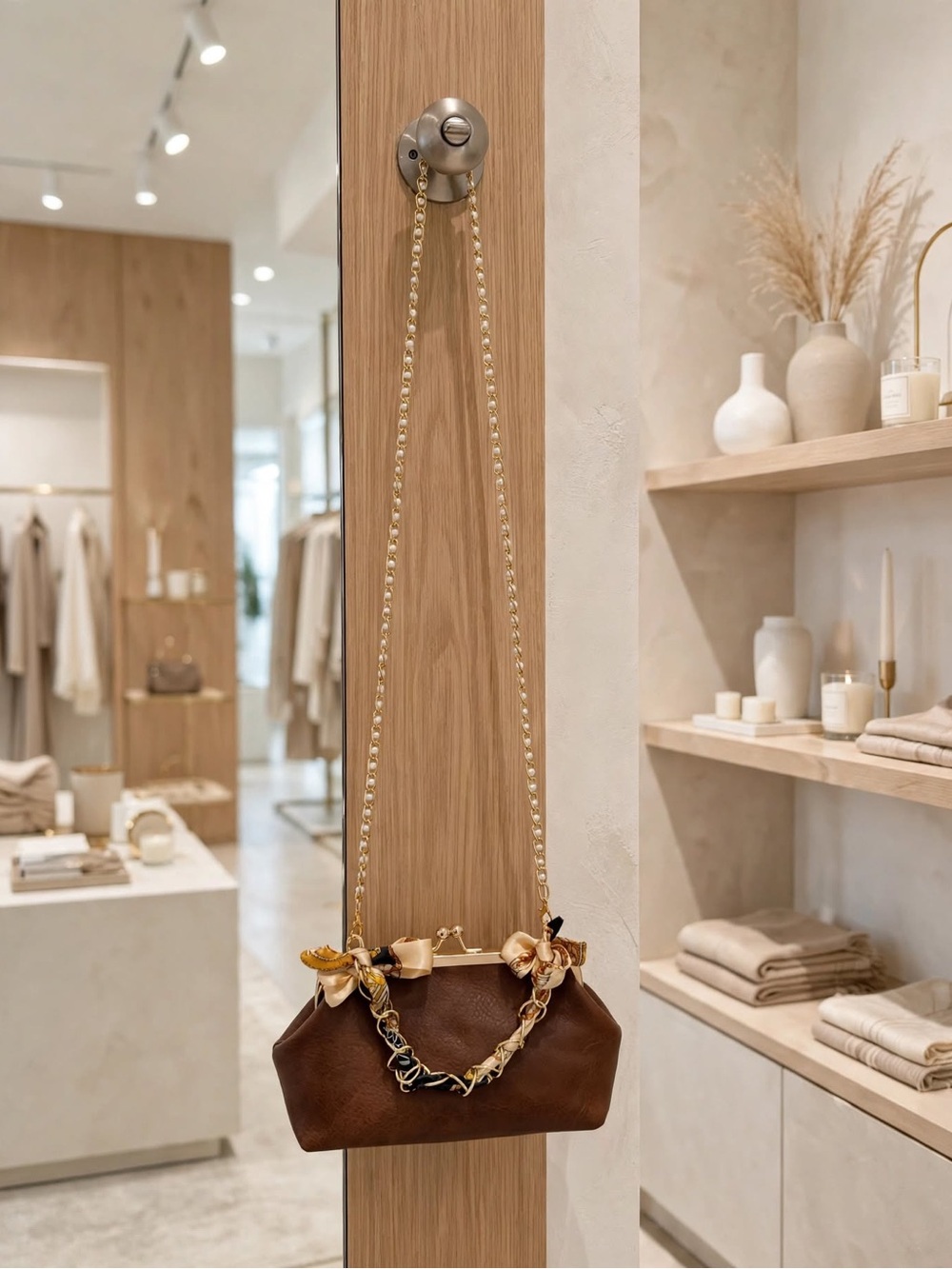 Elegant Brown Leather Shoulder Bag with Gold Chain and Scarf Detail
